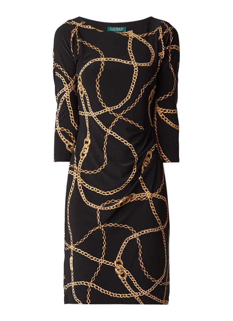 Ralph Lauren Jersey jurk met kettingdessin en plooidetails zwart