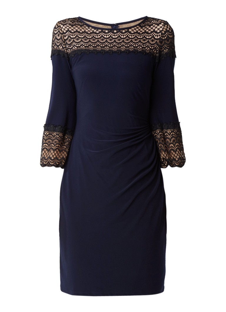 Ralph Lauren Midi-jurk met inzet van kant en plooidetail donkerblauw