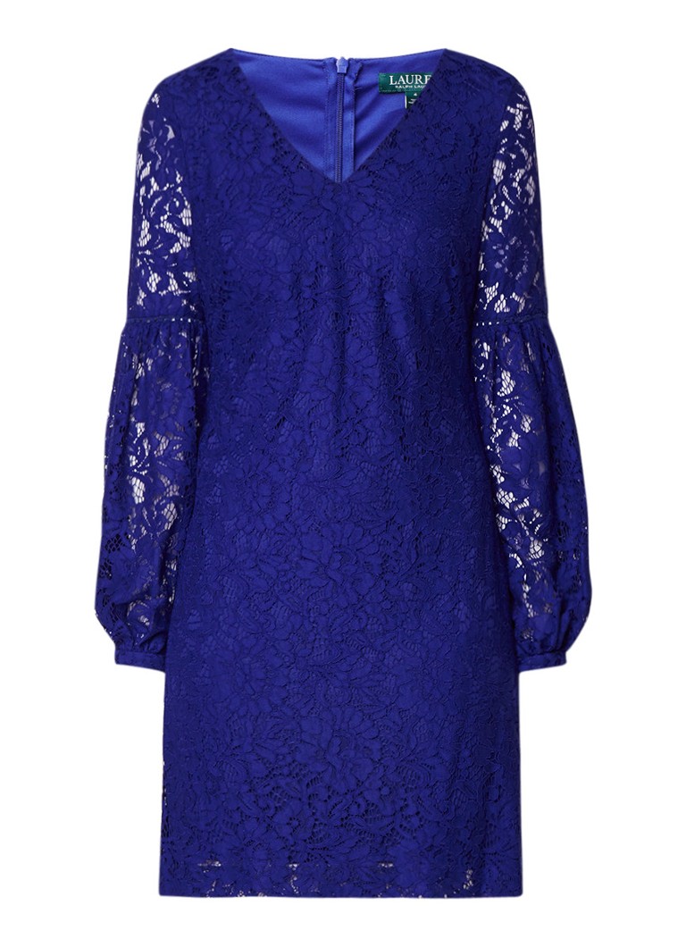 Ralph Lauren Brie jurk van gebloemd kant met ballonmouw kobaltblauw