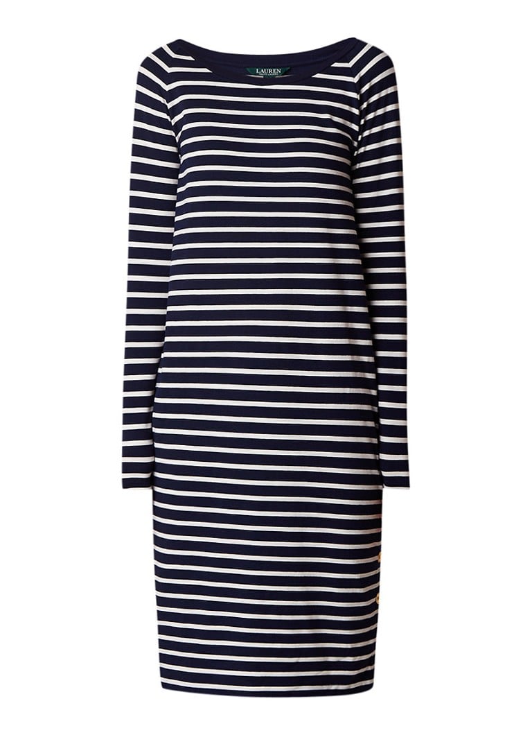 Ralph Lauren Midi-jurk van jersey met streepdessin en knoopdetails donkerblauw