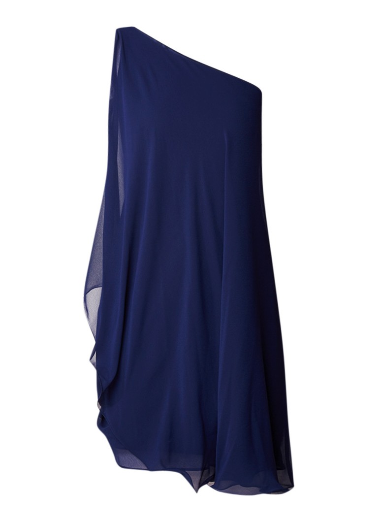 Ralph Lauren One shoulder jurk met overlay en volant donkerblauw