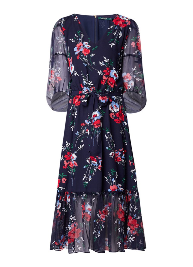 Ralph Lauren Gedrapeerde jurk met bloemendessin en ballonmouw donkerblauw