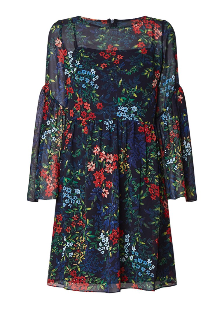 Ralph Lauren Oceania A-lijn jurk van chiffon met bloemendessin en trompetmouw donkerblauw