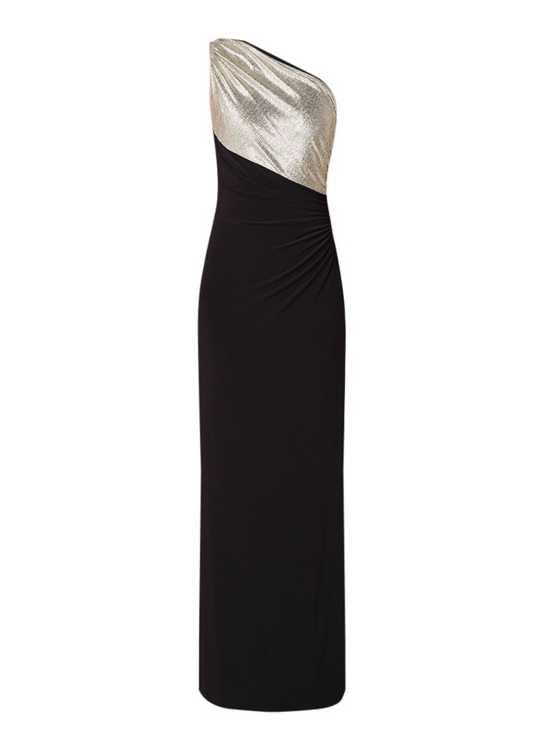 Ralph Lauren Tena one shoulder galajurk met split en lurex zwart