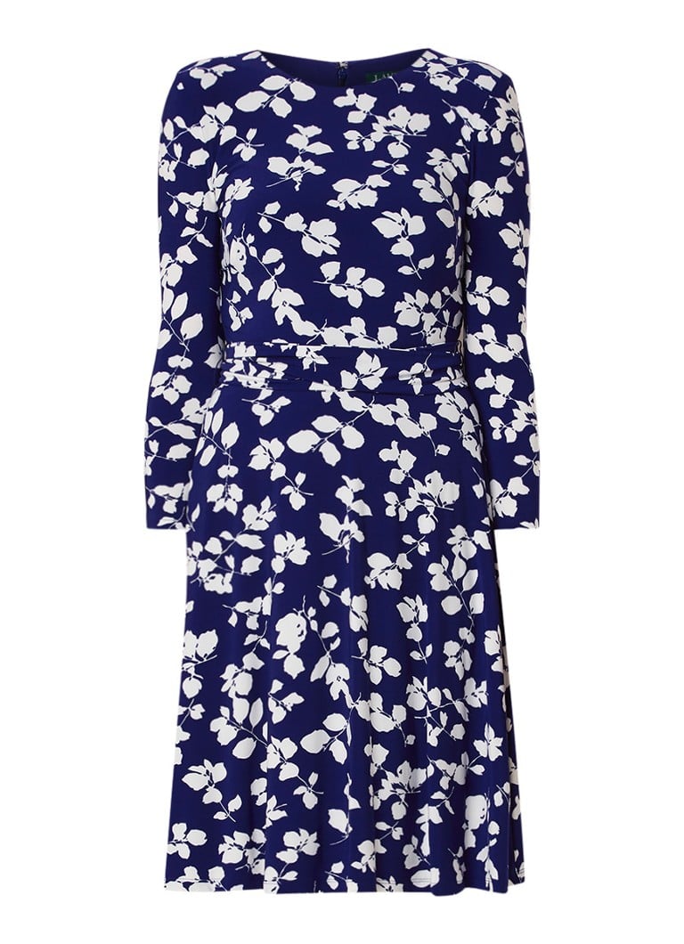 Ralph Lauren Jurk van jersey met bloemendessin en strikceintuur middenblauw