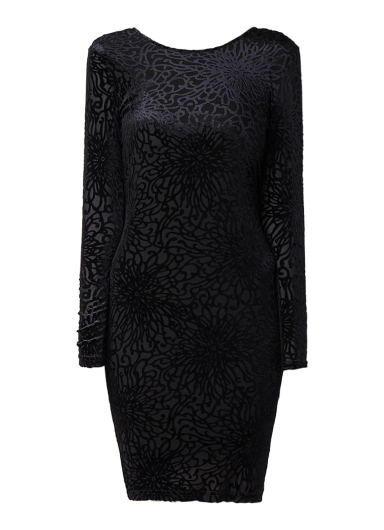 Selected Femme Mila jurk met fluwelen flockprint en rugdecolleté zwart