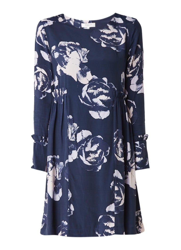 Selected Femme Tamira jurk met ruches en bloemendessin indigo