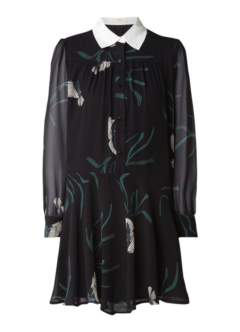 BA&SH Ralder chiffon blousejurk met dessin en contrasterende kraag zwart