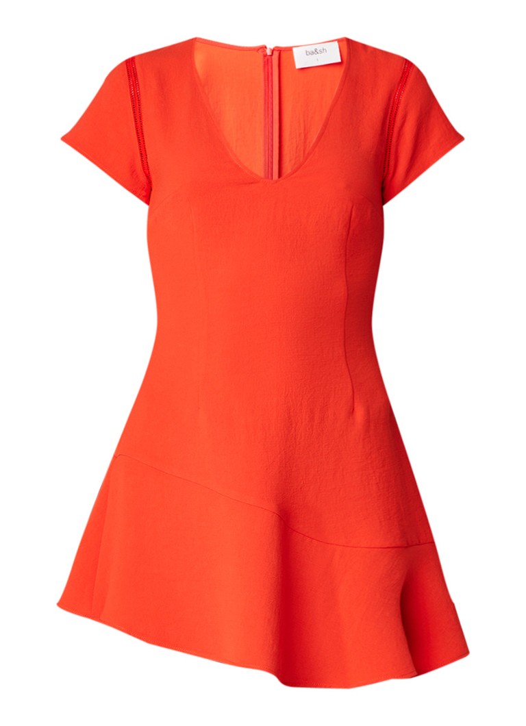 BA&SH Phoebe mini-jurk met asymmetrisch volant oranjerood
