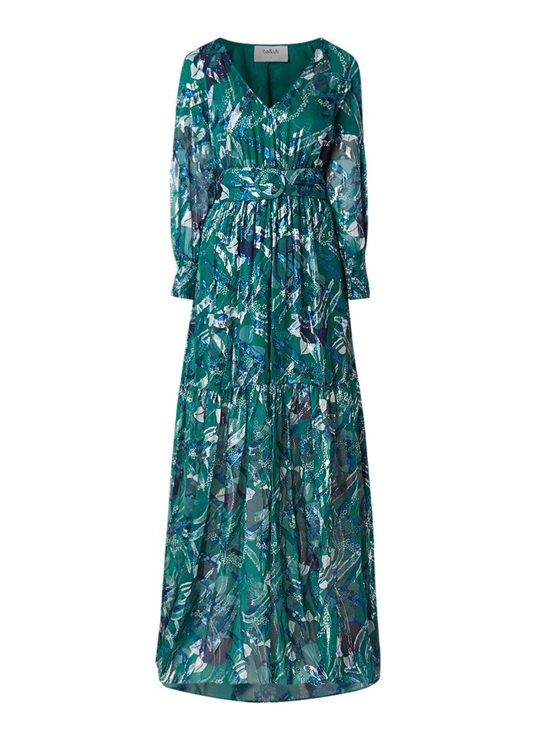 BA&SH Jasper maxi-jurk van zijde met jacquard bloemendessin flessengroen
