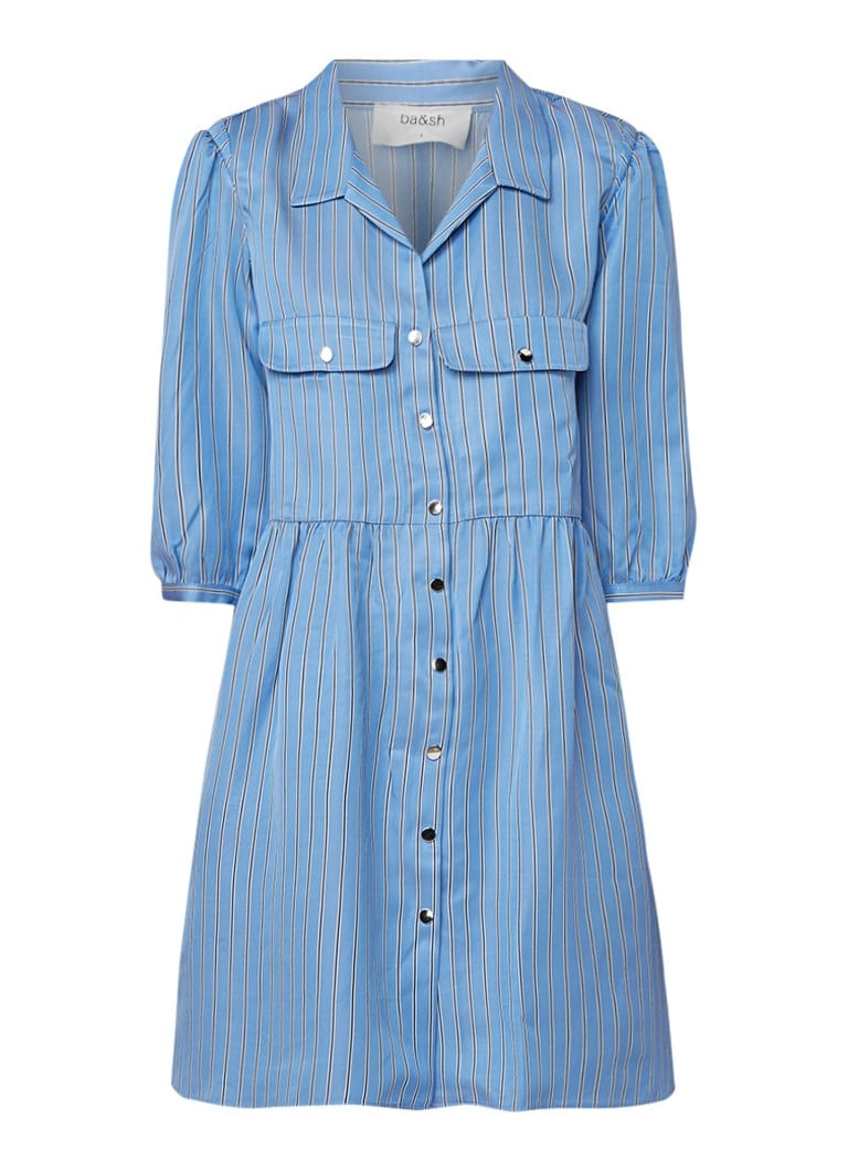 BA&SH Robe Santa blousejurk van satijn met streepdessin blauw