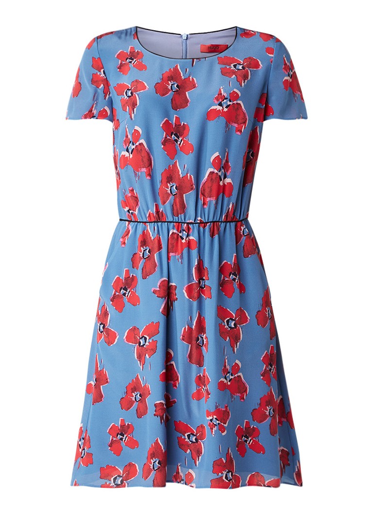 Hugo Boss Konett A-lijn jurk van zijde met bloemendessin staalblauw