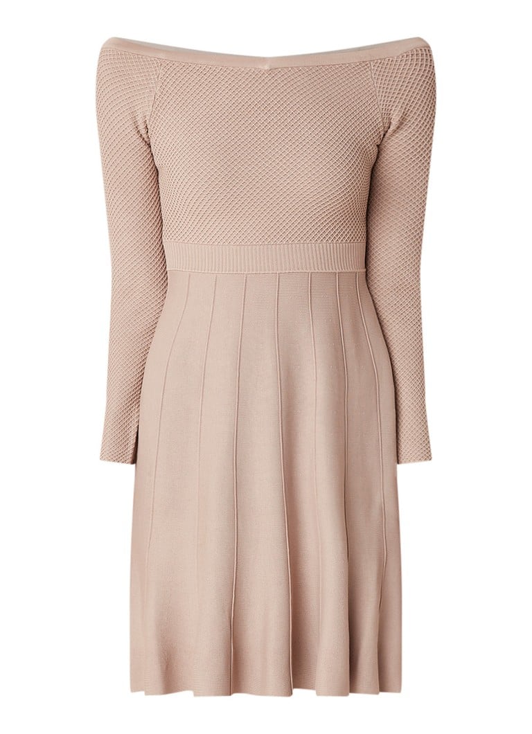 Reiss Astra off shoulder A-lijn jurk met ingebreid dessin beige