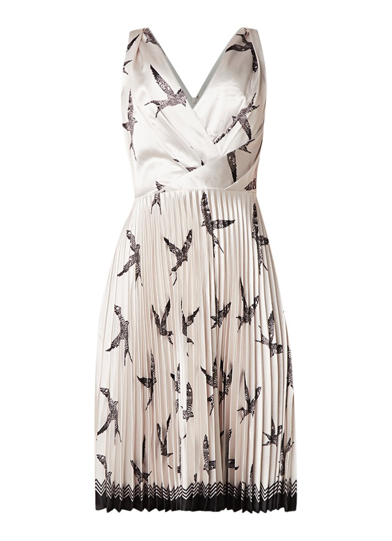Reiss Peyton midi-jurk met vogelprint en plissé detail zilver
