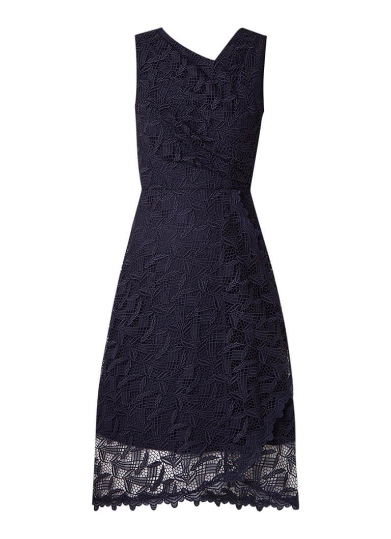 Reiss Rayna midi-jurk van kant met plooidetail donkerblauw