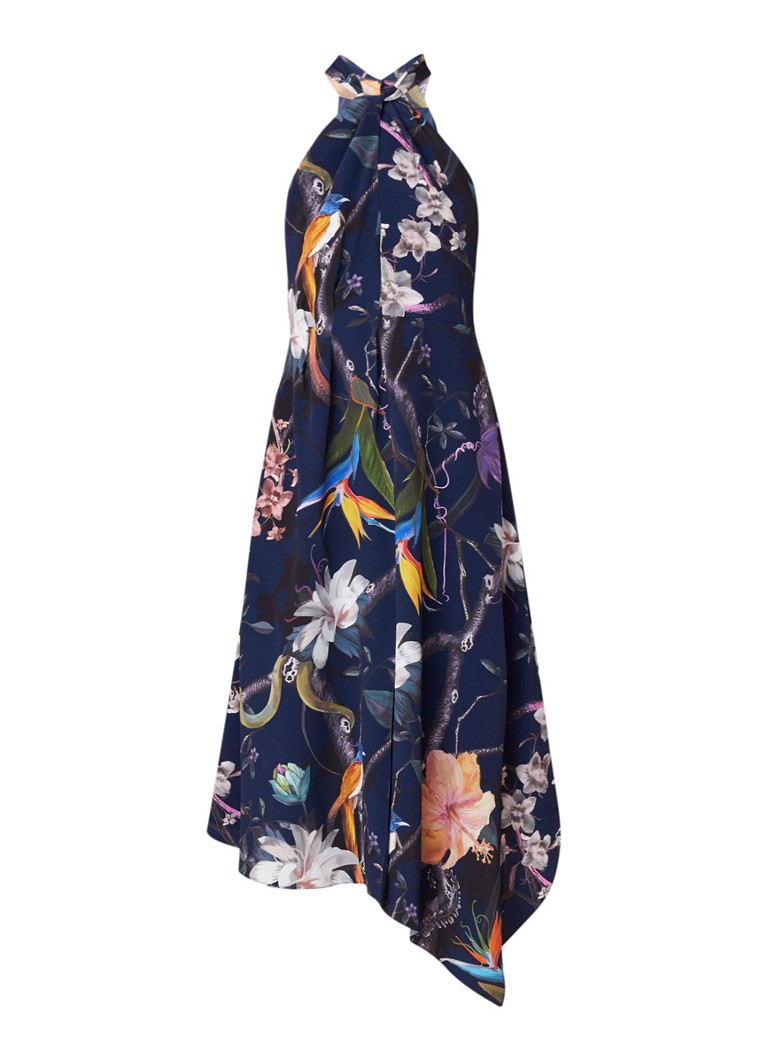 Reiss Yasminda midi halterjurk met bloemendessin donkerblauw