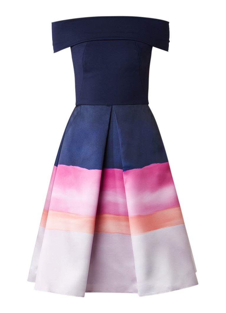 Ted Baker Hollii off shoulder A-lijn midi-jurk met kleurcontrast donkerblauw