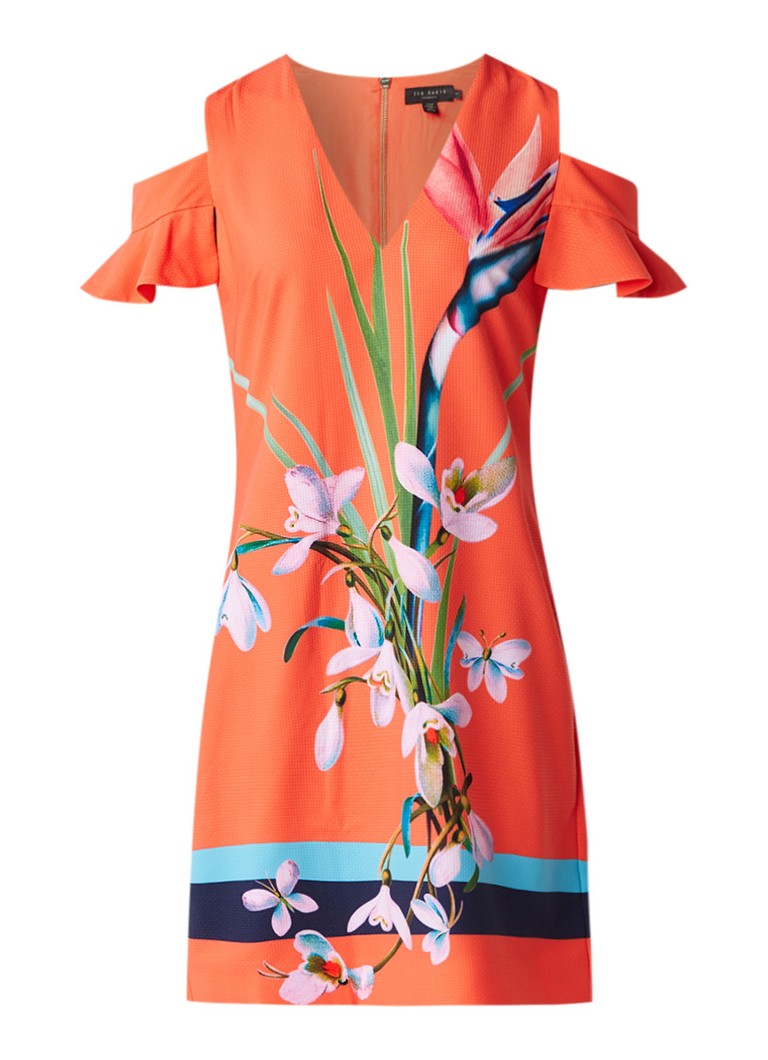 Ted Baker Leea cold shoulder jurk met bloemendessin koraalrood