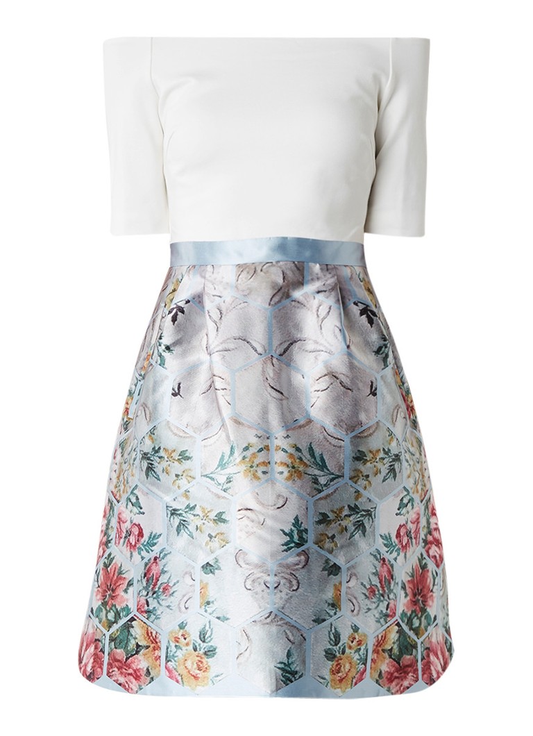 Ted Baker Dewrose off shoulder A-lijn jurk met bloemdessin lichtblauw