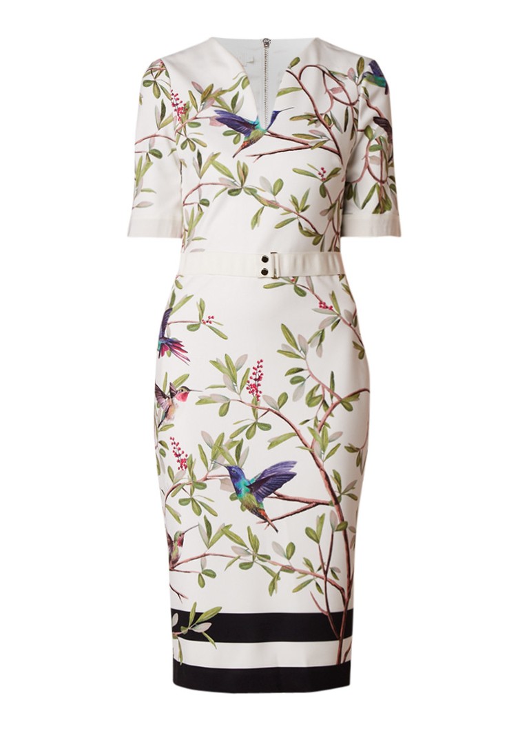 Ted Baker Evrely kokerjurk met vogelprint en ceintuur wit