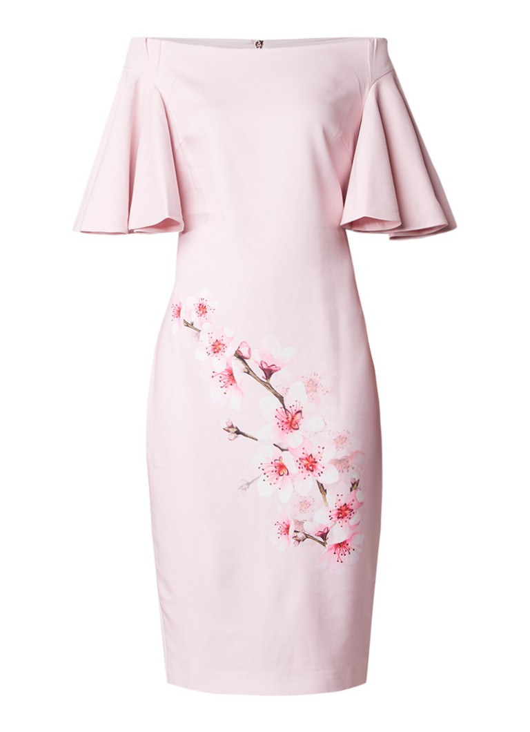 Ted Baker Calinda bardot midi-jurk met bloemendessin lichtroze