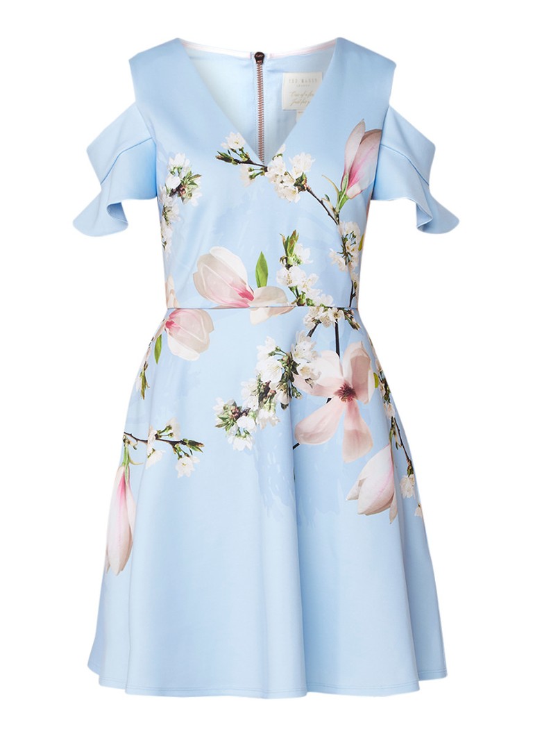 Ted Baker Effrae mini-jurk met bloemendessin en cold shoulder lichtblauw