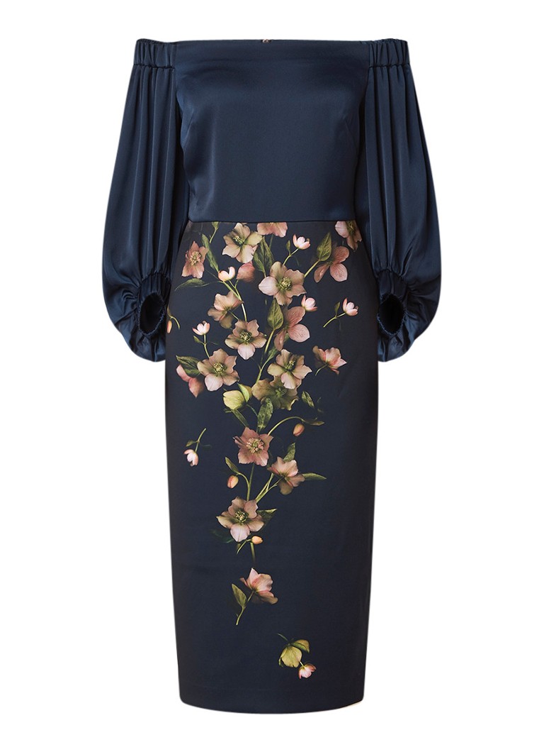 Ted Baker Beaa off shoulder midi-jurk met ballonmouw en bloemendessin donkerblauw