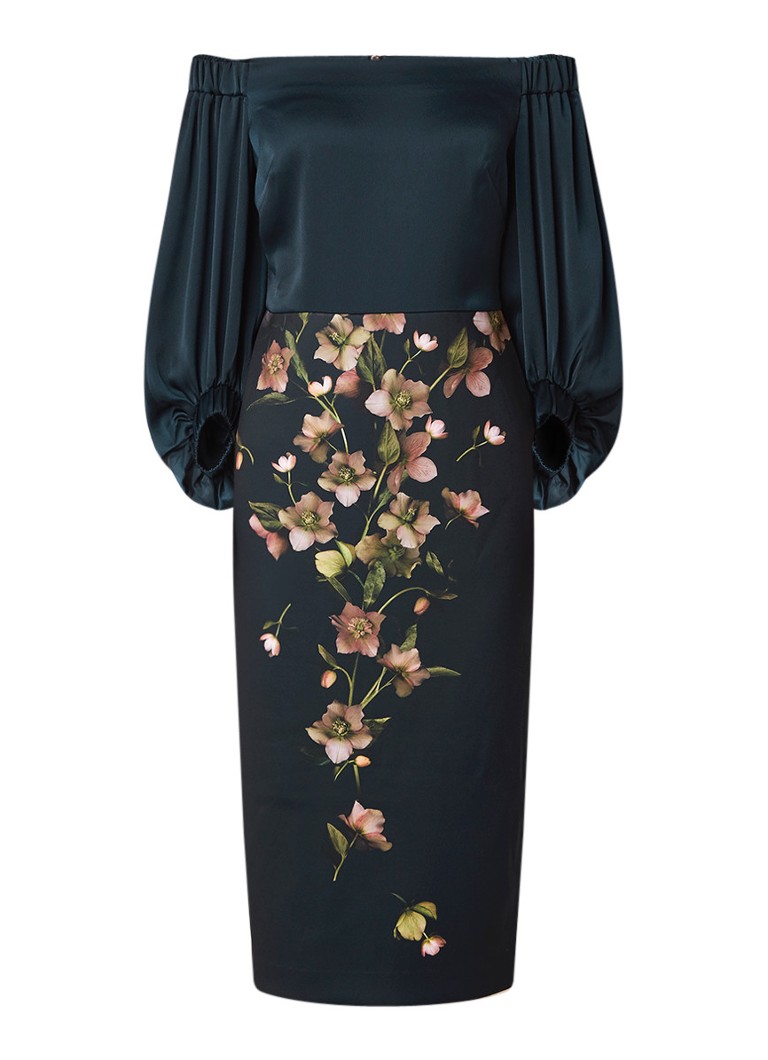 Ted Baker Beaa off shoulder midi-jurk met ballonmouw en bloemendessin donkerblauw