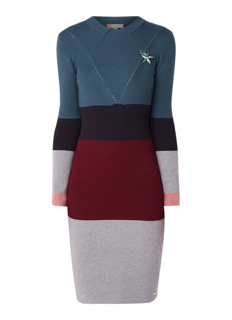 Ted Baker Franae ribgebreide kokerjurk met colour blocking petrol