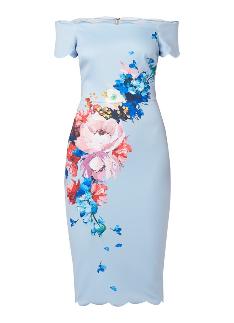 Ted Baker Hailey off-shoulder kokerjurk van satijn met bloemenprint lichtblauw