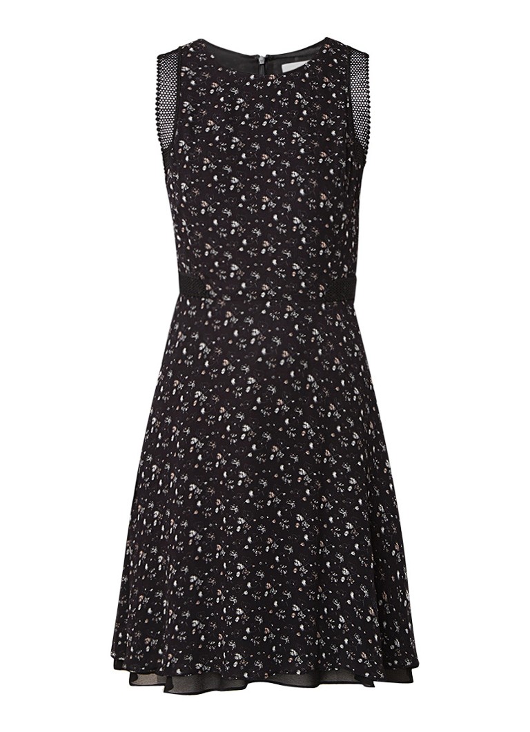 Reiss Monti-Ditsy A-lijn jurk met dessin en detail van kant zwart