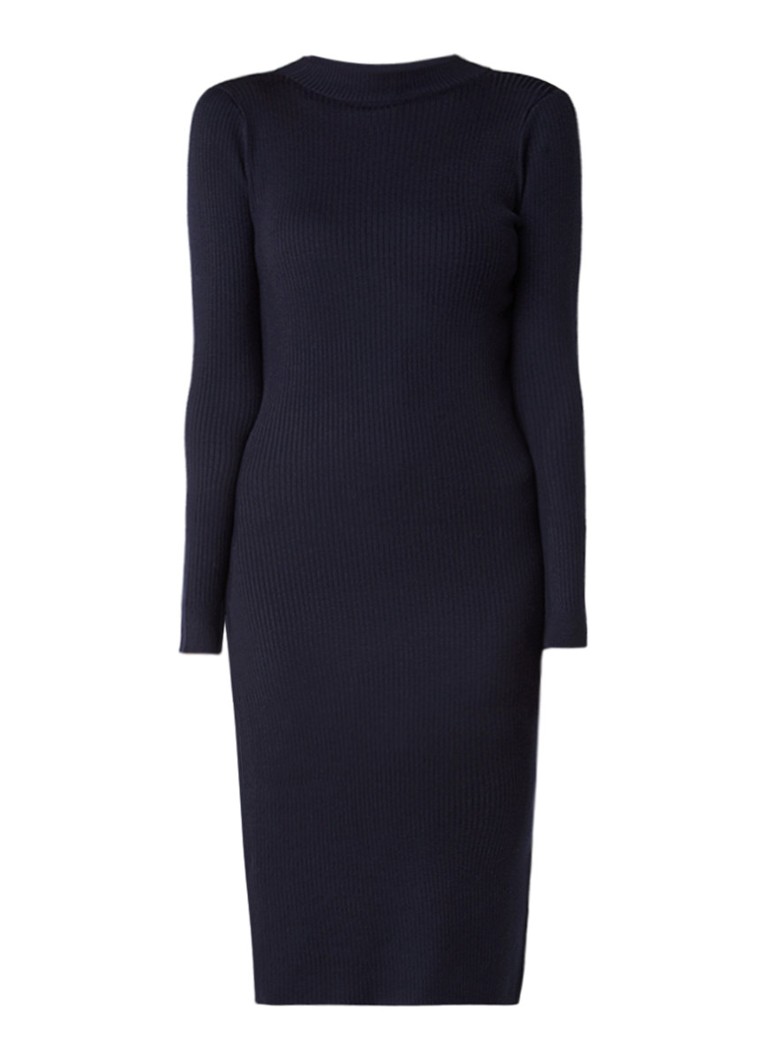 MO&Co. Ribgebreide midi-jurk met underlay van kant donkerblauw