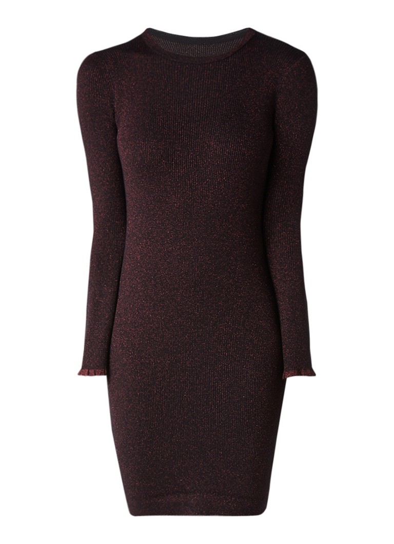 MO&Co. Ribgebreide jurk van wol met glansdraad donkerrood