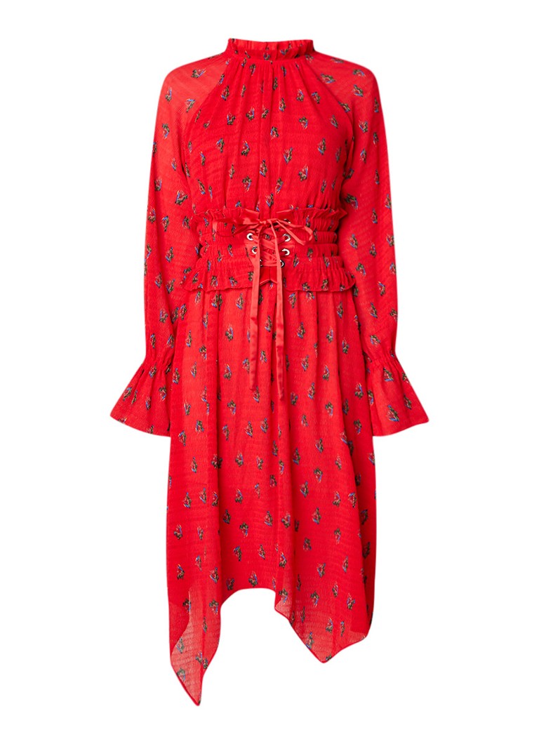 MO&Co. A-lijn jurk van crêpe met bloemendessin en korsetdetail vuurrood