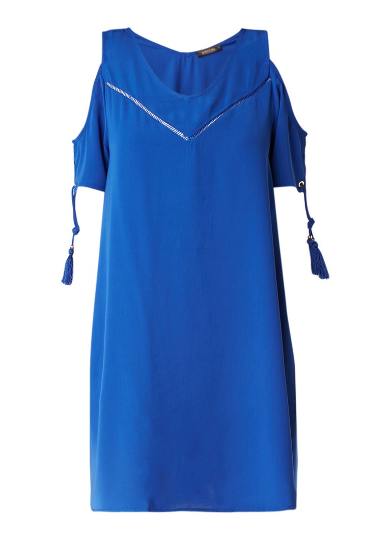 Supertrash Dado cold shoulder jurk met rijgdetail bij mouw kobaltblauw