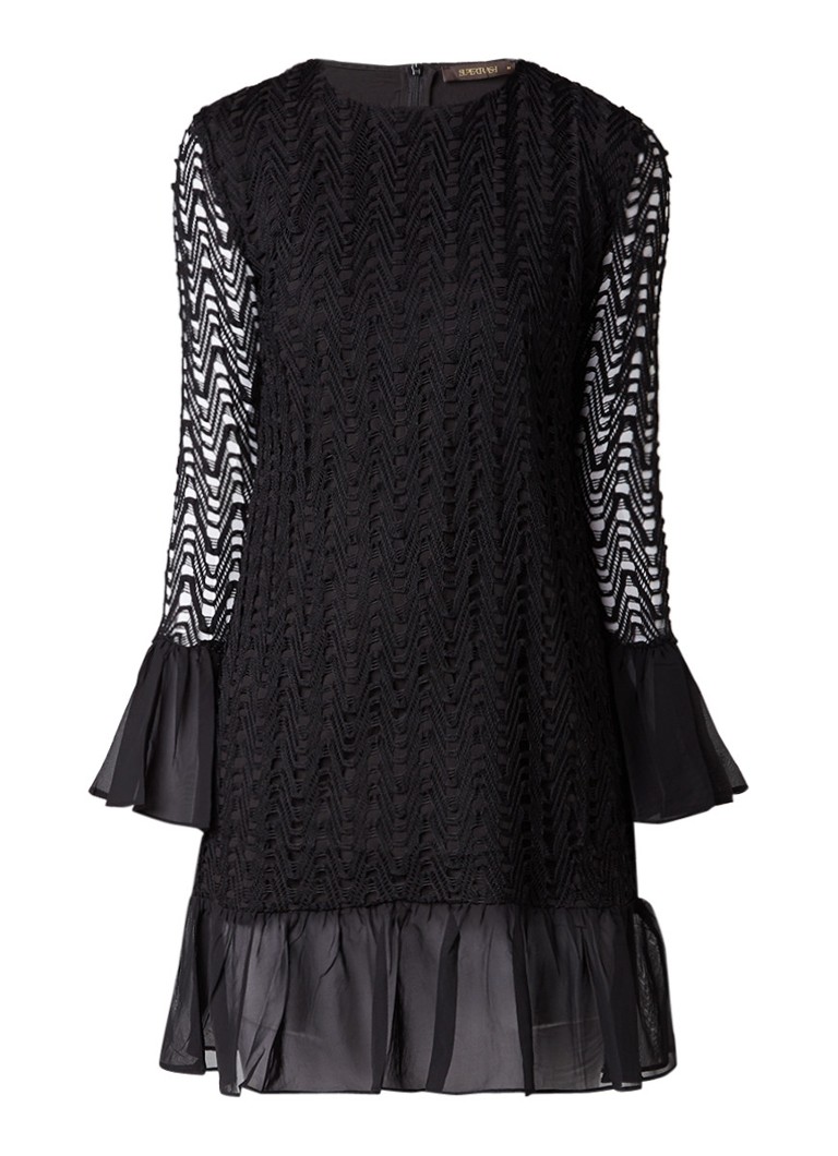 Supertrash Dimma midi-jurk met volant en opengewerkt dessin zwart