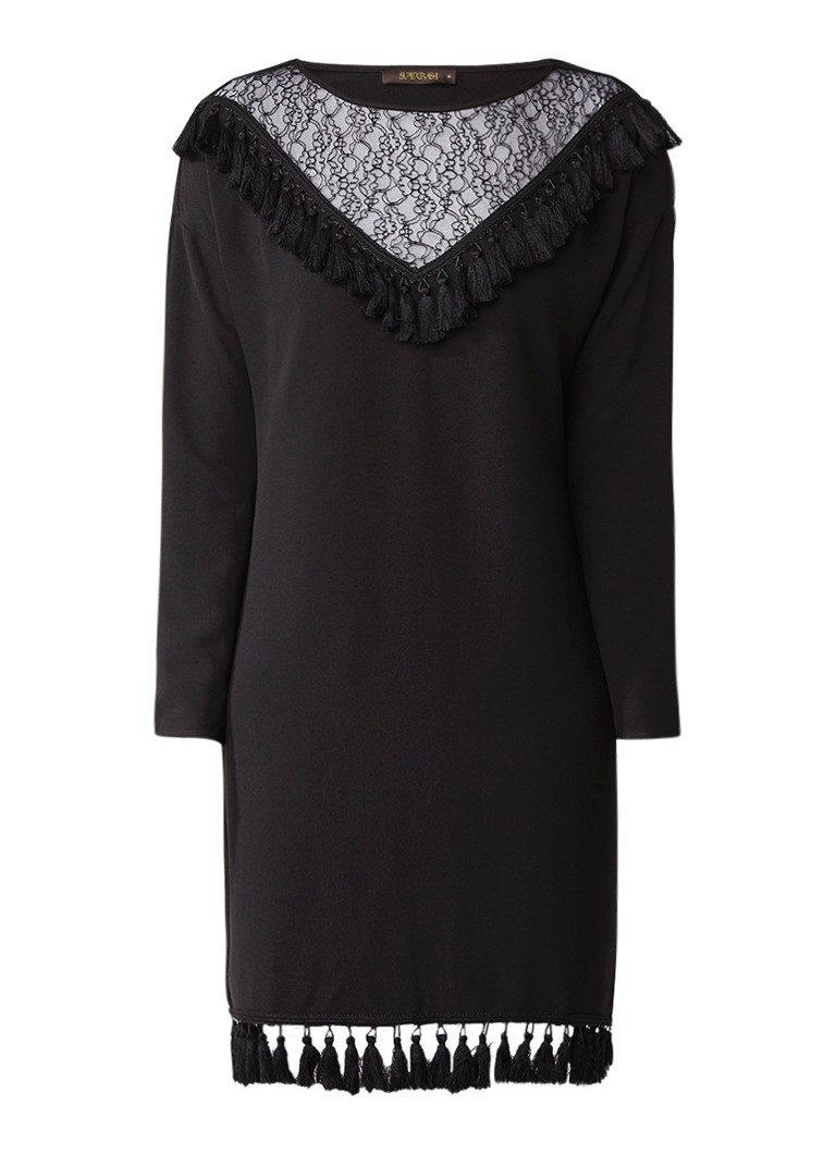 Supertrash Destiny midi-jurk met inzet van kant en kwastjes zwart