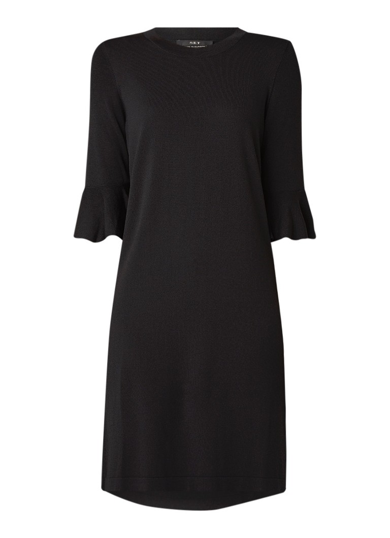 SET Fijngebreide mini-jurk met trompetmouw zwart
