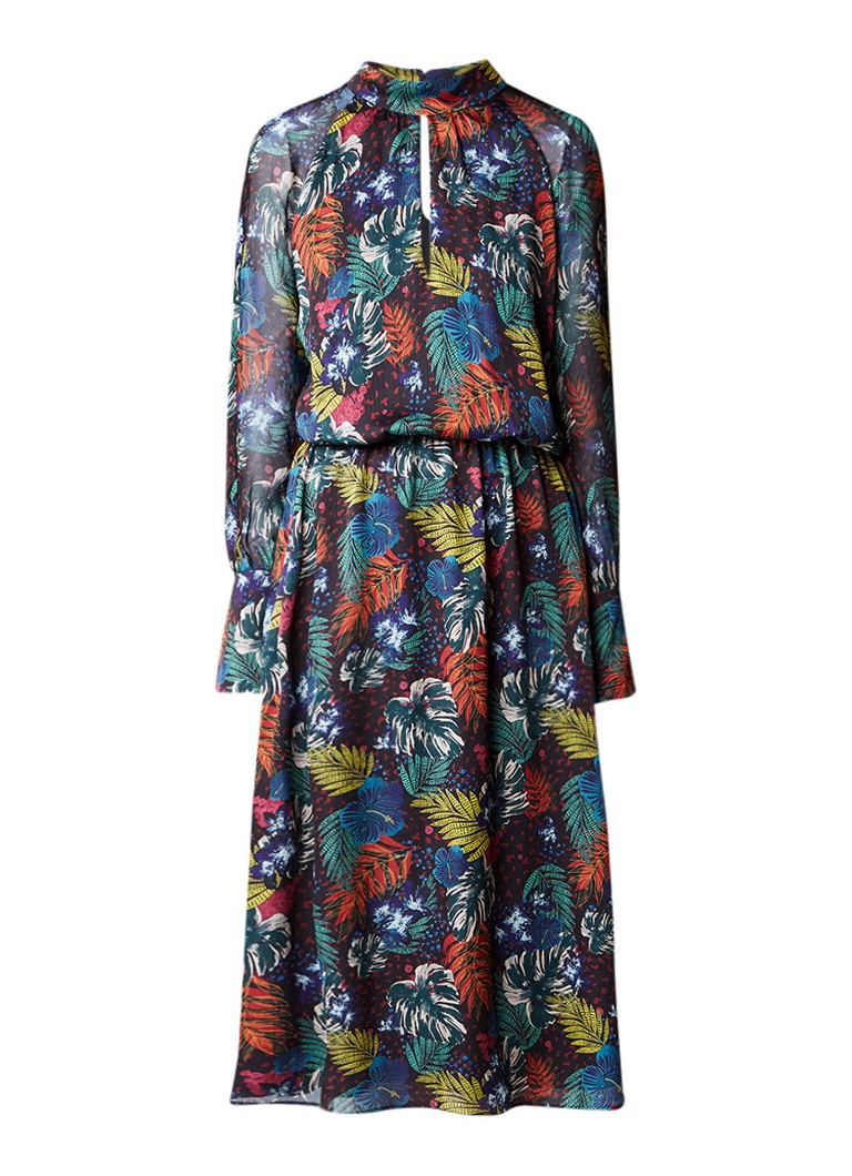 SET Midi-jurk met bladerdessin en keyhole donkergroen