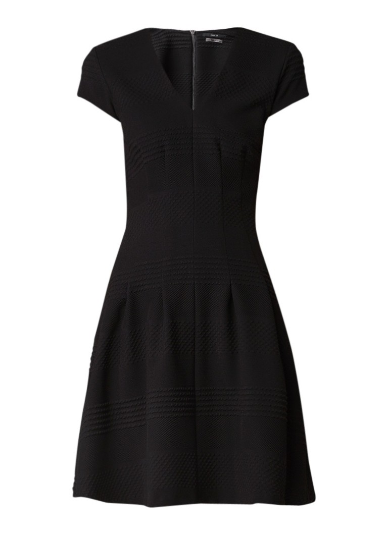 SET Getailleerde midi-jurk met V-hals en ingeweven structuur zwart