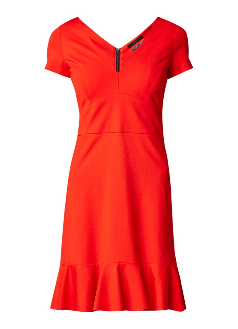 SET Midi-jurk met siernaad en volant rood