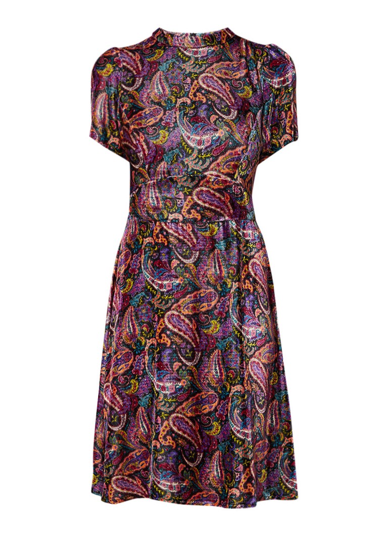 SET Midi-jurk van fluweel met paisleyprint paars