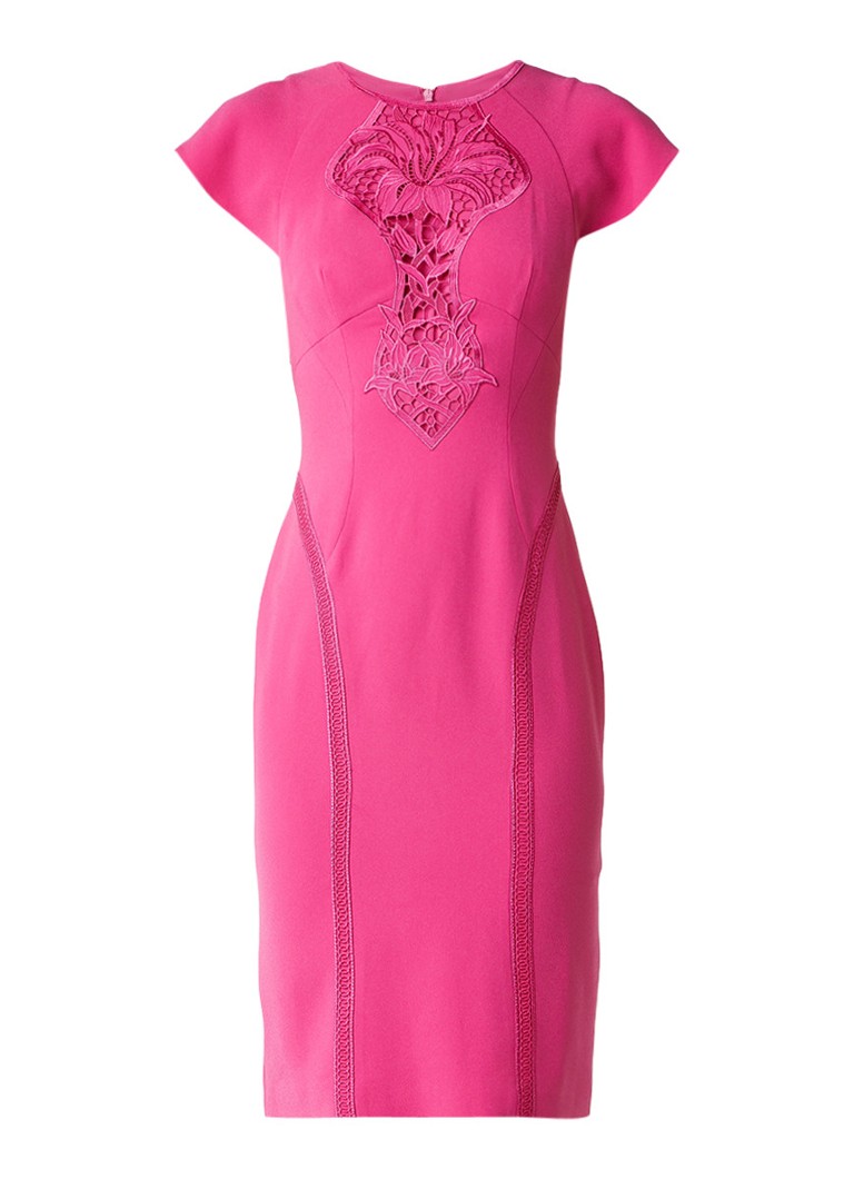 Karen Millen Kokerjurk met broderie fuchsia