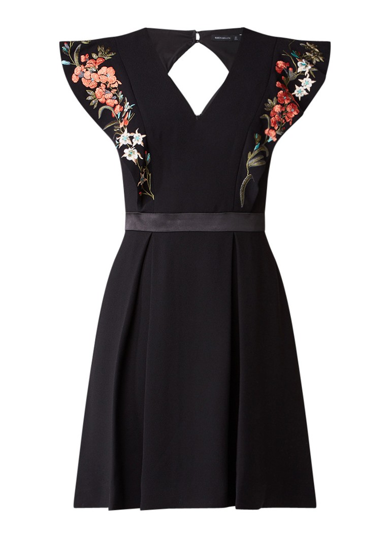 Karen Millen A-lijn jurk met geborduurde volantmouw zwart