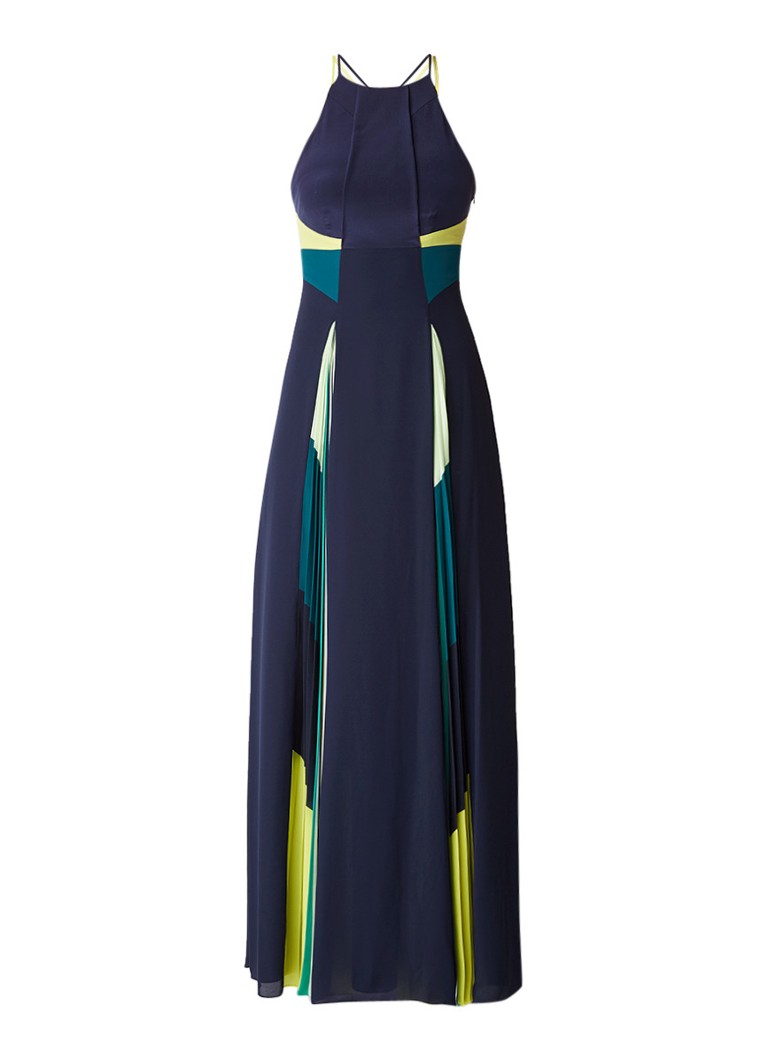 Karen Millen Maxi halterjurk met plissÃ© en zijden inzet met kleurcontrast donkerblauw