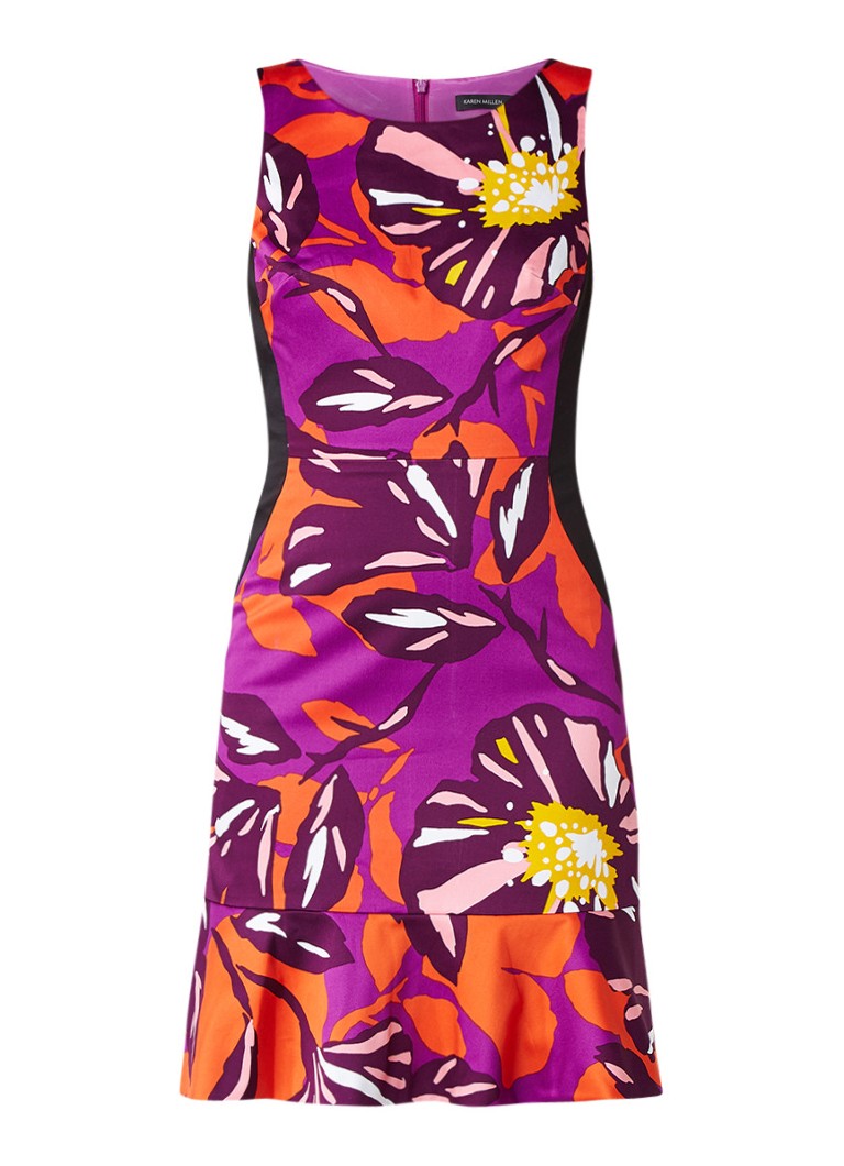 Karen Millen Jurk met volant en bloemendessin fuchsia