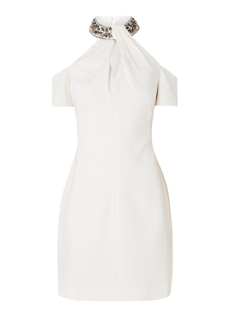 Karen Millen Cold shoulder jurk met gedecoreerde halslijn creme