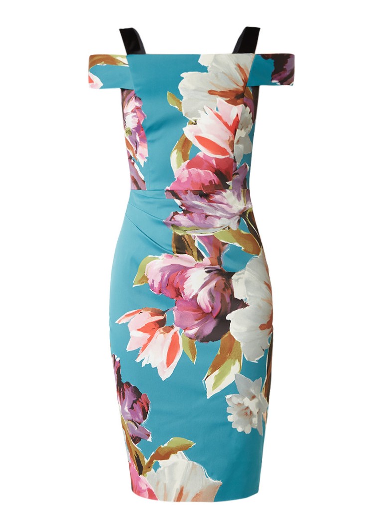 Karen Millen Off shoulder bardot kokerjurk met bloemendessin turquoise