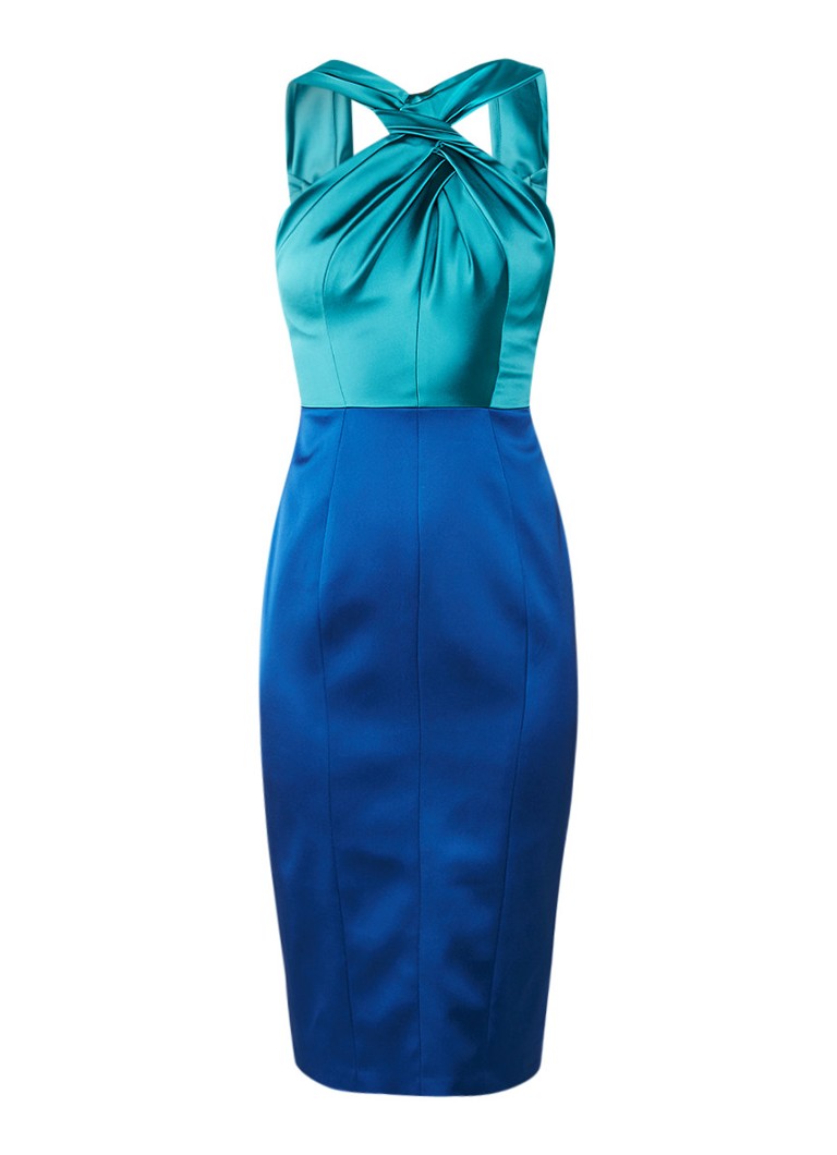 Karen Millen Kokerjurk van satijn met color blocking kobaltblauw