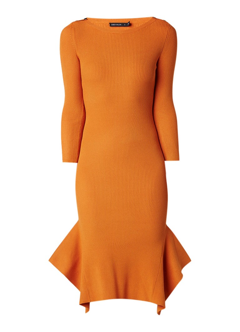 Karen Millen Ribgebreide midi-jurk met volant oranje